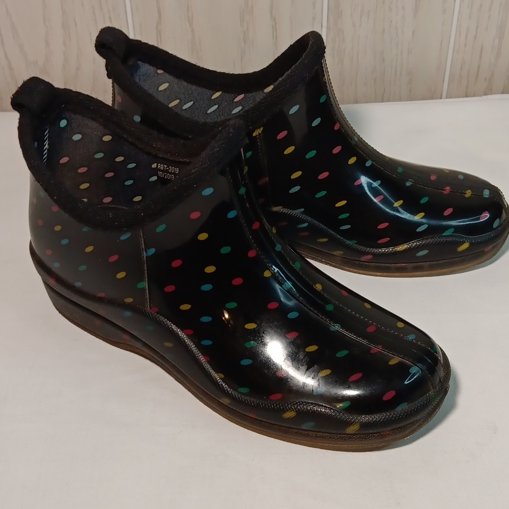 Capelli Rain Ankle Booties Women's Size 6 Black With Polka Dots.